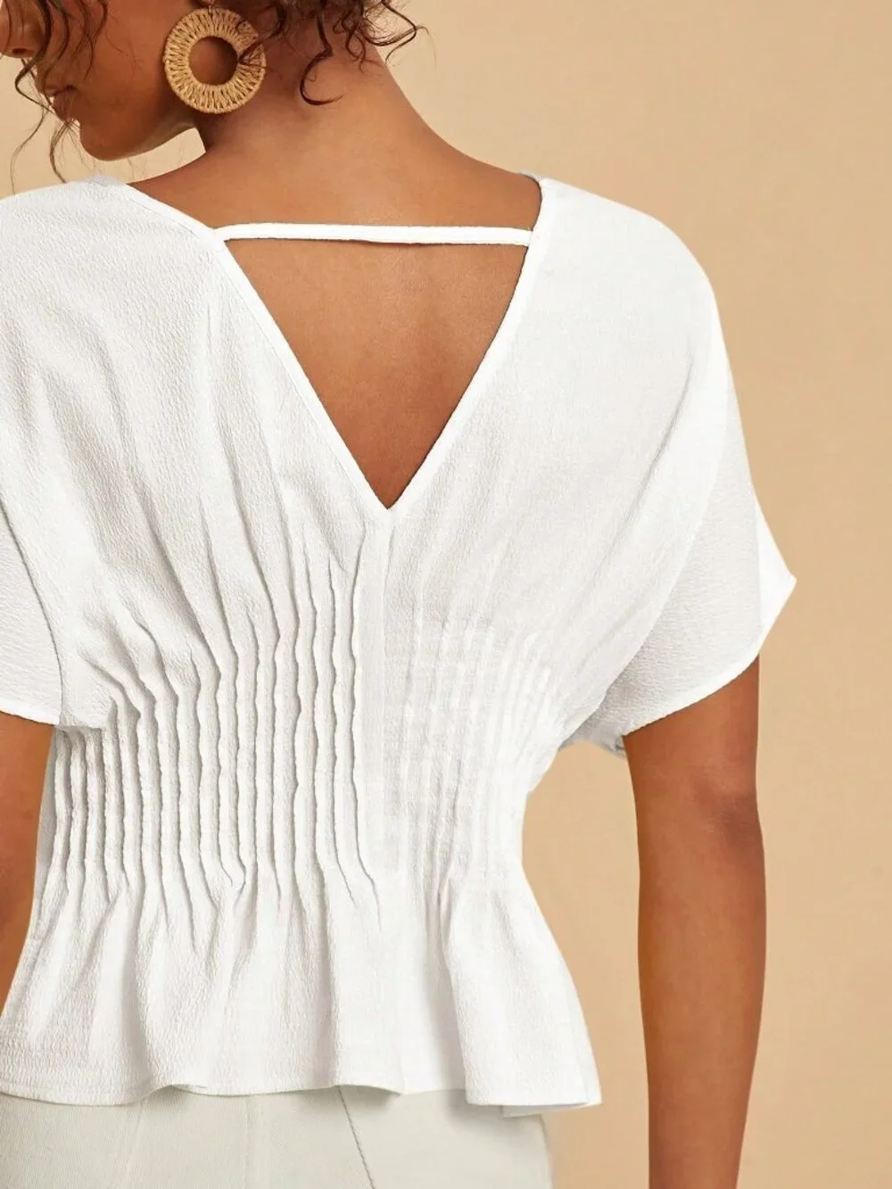 White Casual Women's Elegant Ruffle V-Neck Batwing Sleeve Top